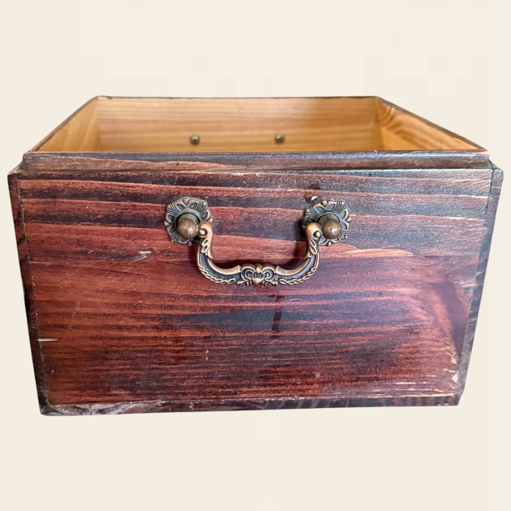 Vintage Rustic Wood Storage Box Hinged Lid Brass Handles Brown Square 9x9x6.75 - Picture 6 of 9